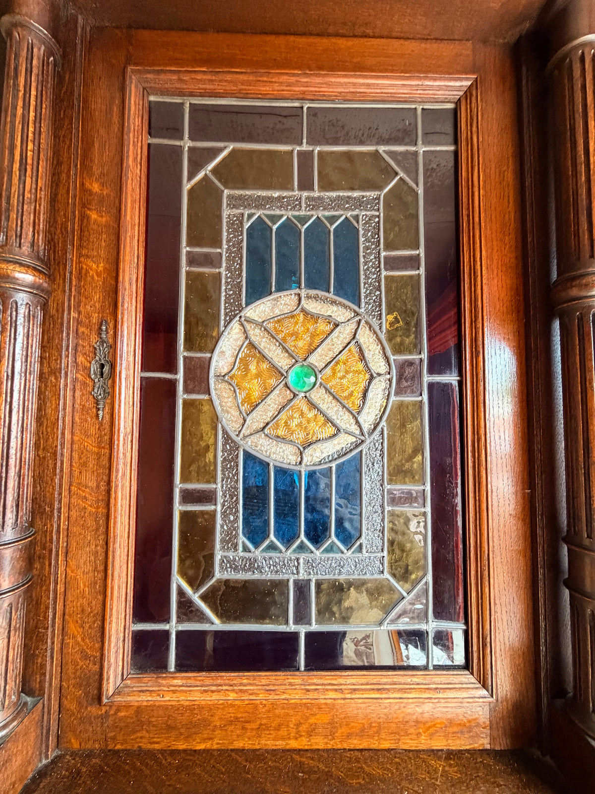 French Carved Oak Two Piece Cupboard with Stained Glass
