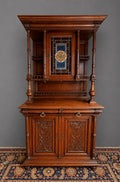 French Carved Oak Two Piece Cupboard with Stained Glass