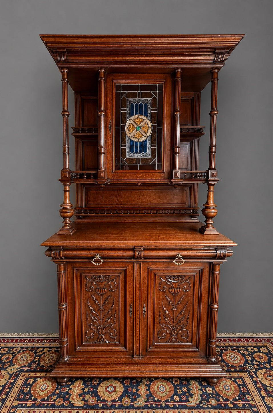 French Carved Oak Two Piece Cupboard with Stained Glass