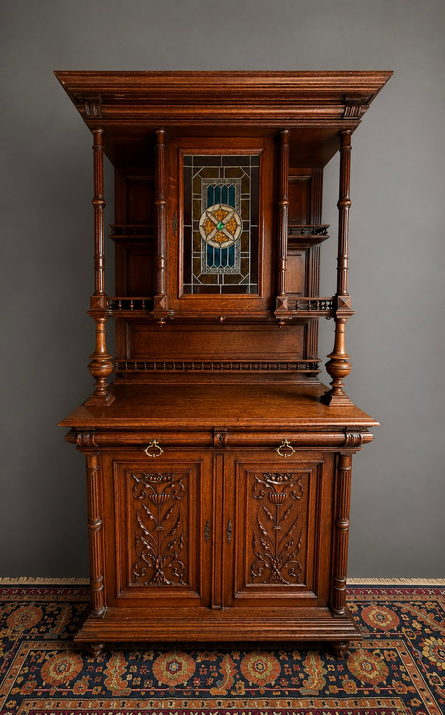 French Carved Oak Two Piece Cupboard with Stained Glass