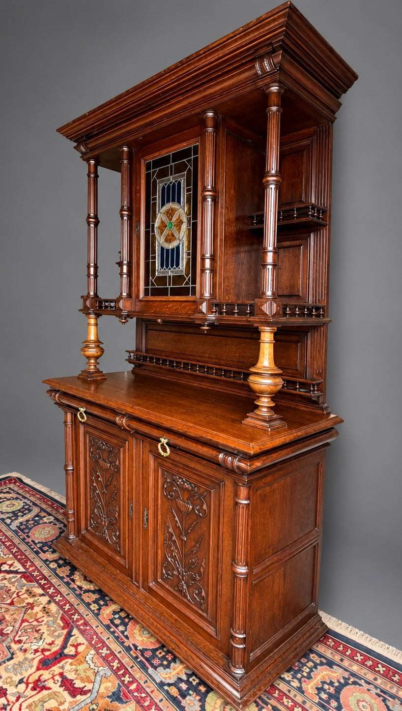 French Carved Oak Two Piece Cupboard with Stained Glass
