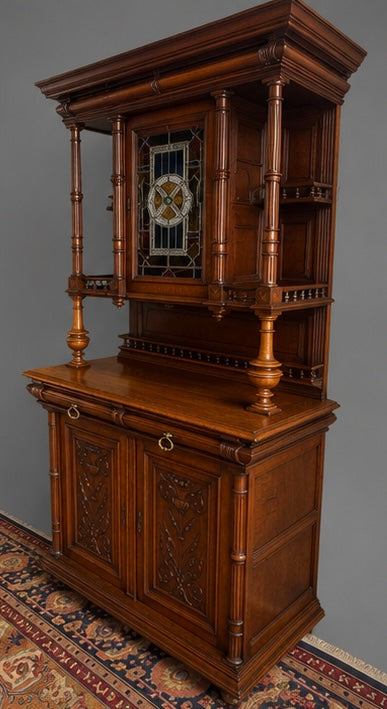 French Carved Oak Two Piece Cupboard with Stained Glass