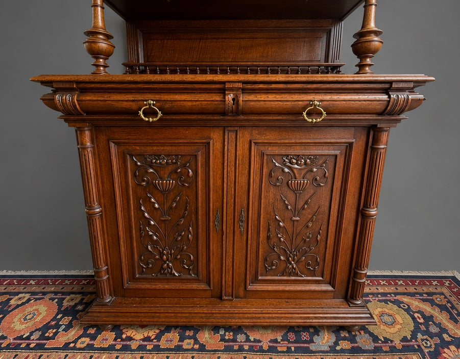 French Carved Oak Two Piece Cupboard with Stained Glass