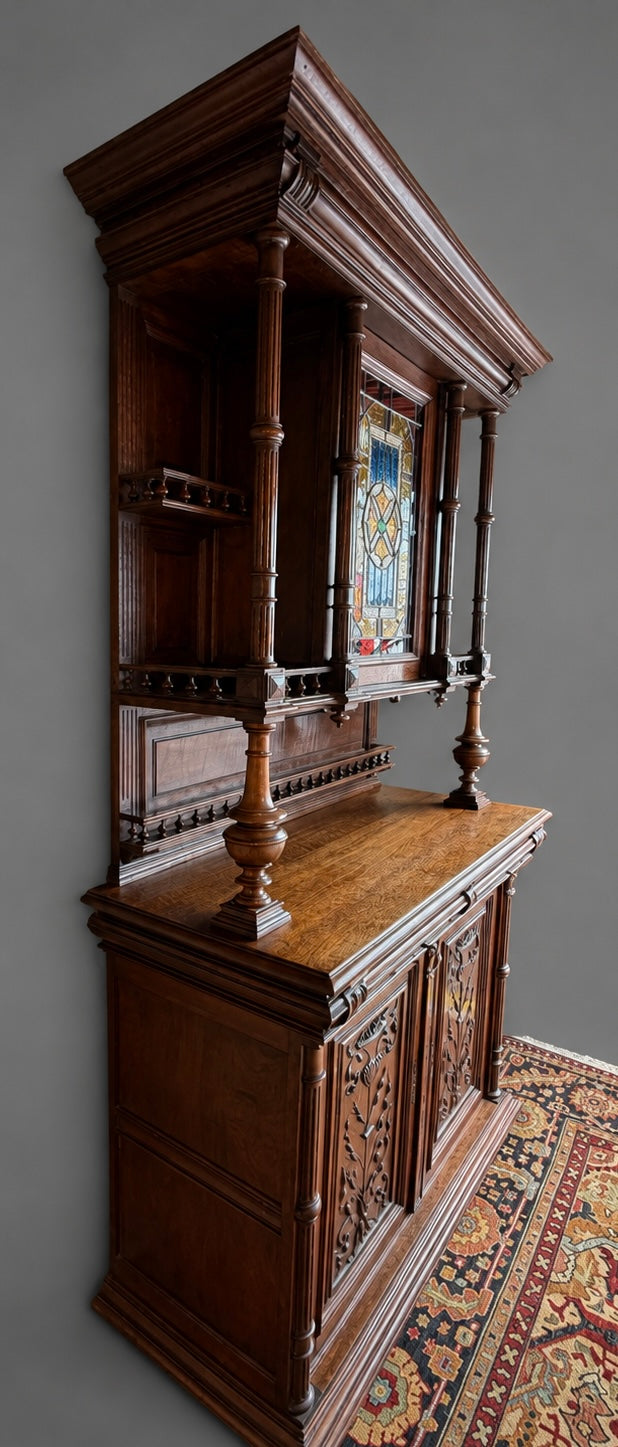 French Carved Oak Two Piece Cupboard with Stained Glass