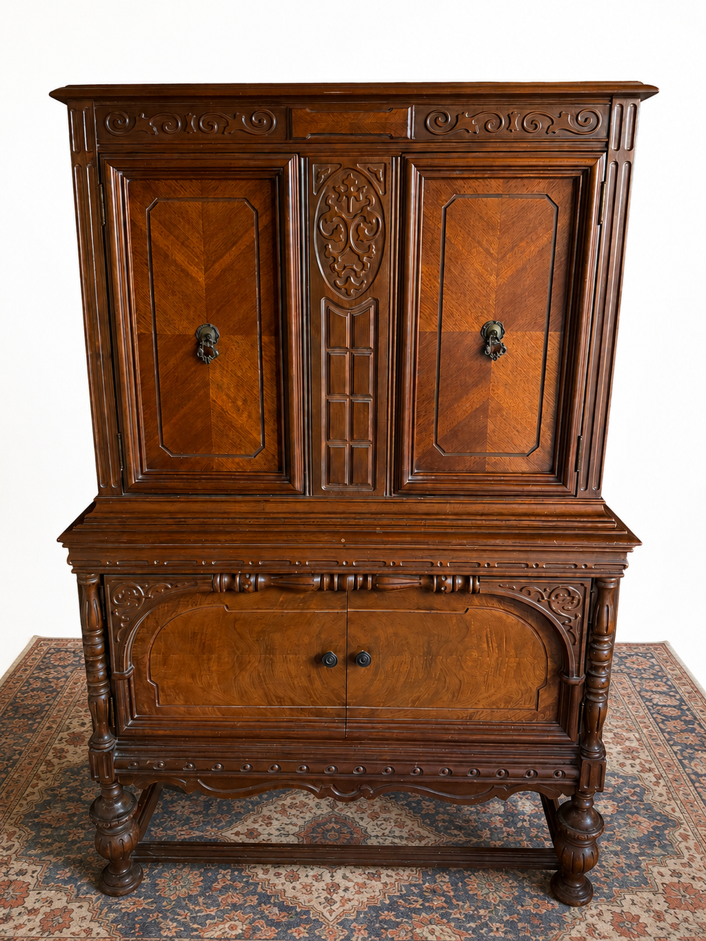 Early 20th Century Carved Walnut and Burl Cabinet