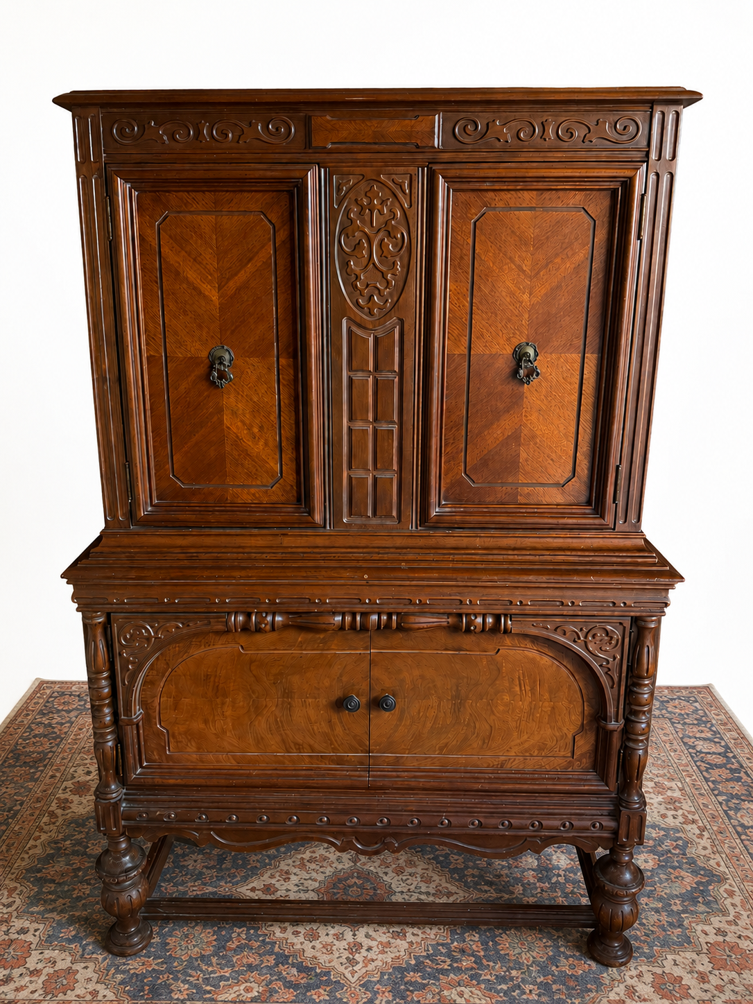 Early 20th Century Carved Walnut and Burl Cabinet