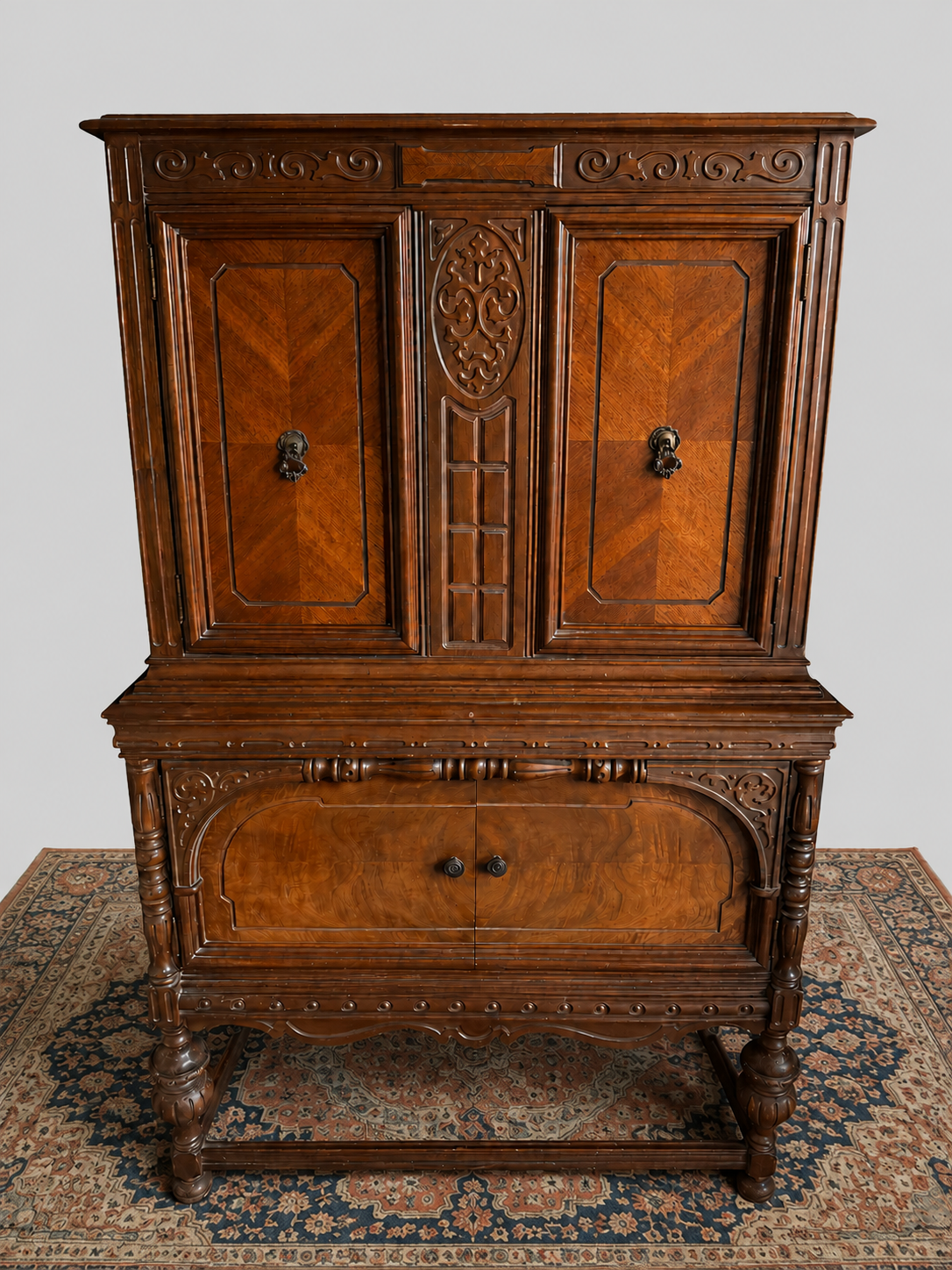 Early 20th Century Carved Walnut and Burl Cabinet