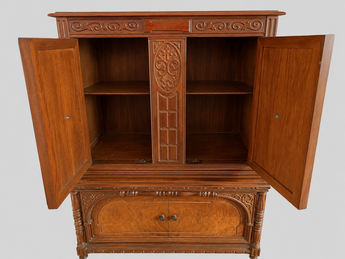 Early 20th Century Carved Walnut and Burl Cabinet