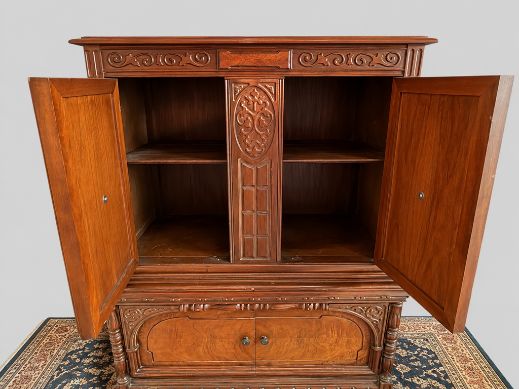 Early 20th Century Carved Walnut and Burl Cabinet