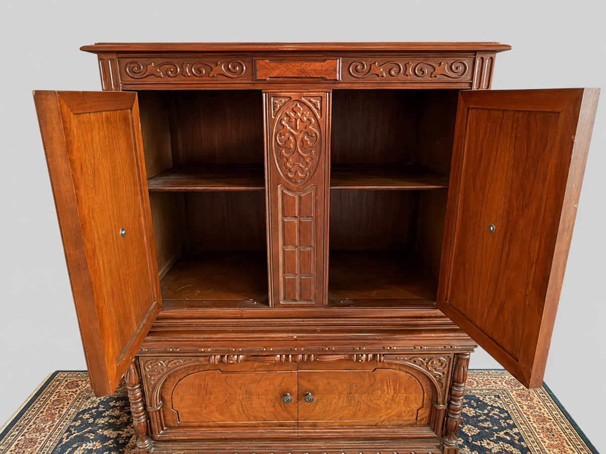 Early 20th Century Carved Walnut and Burl Cabinet