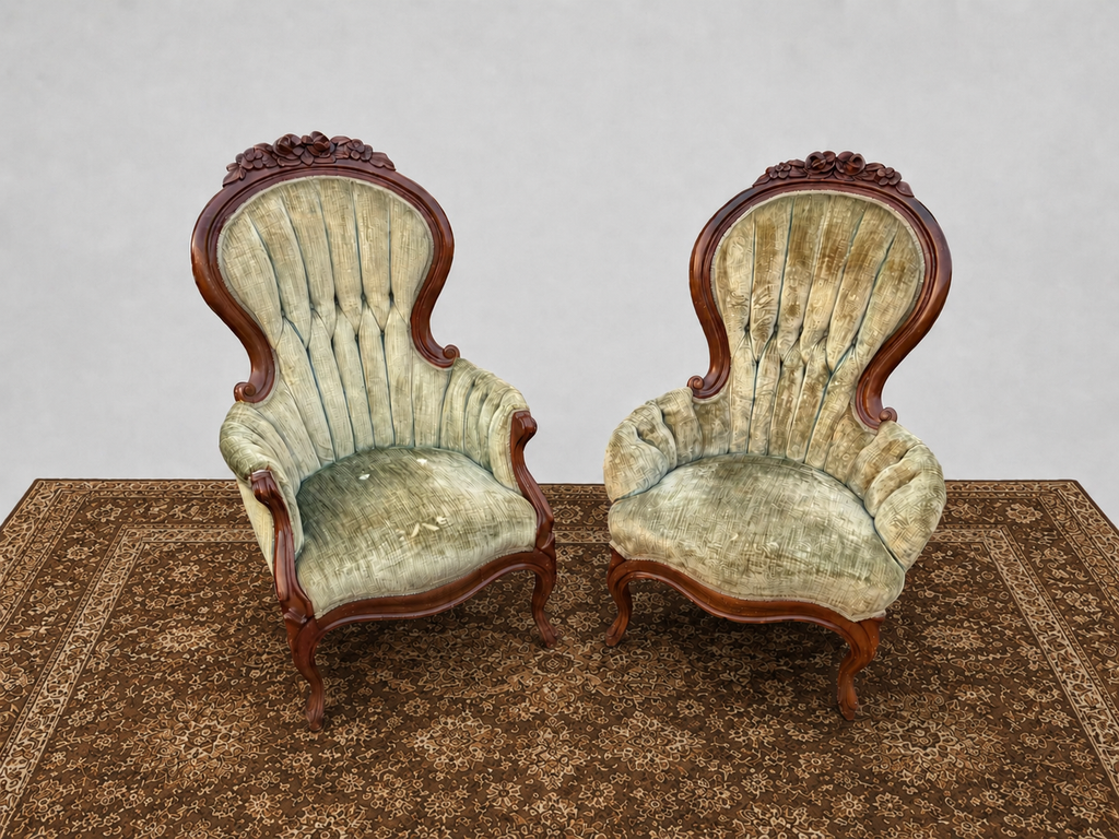 His and Hers Victorian Carved Floral Parlor Chairs