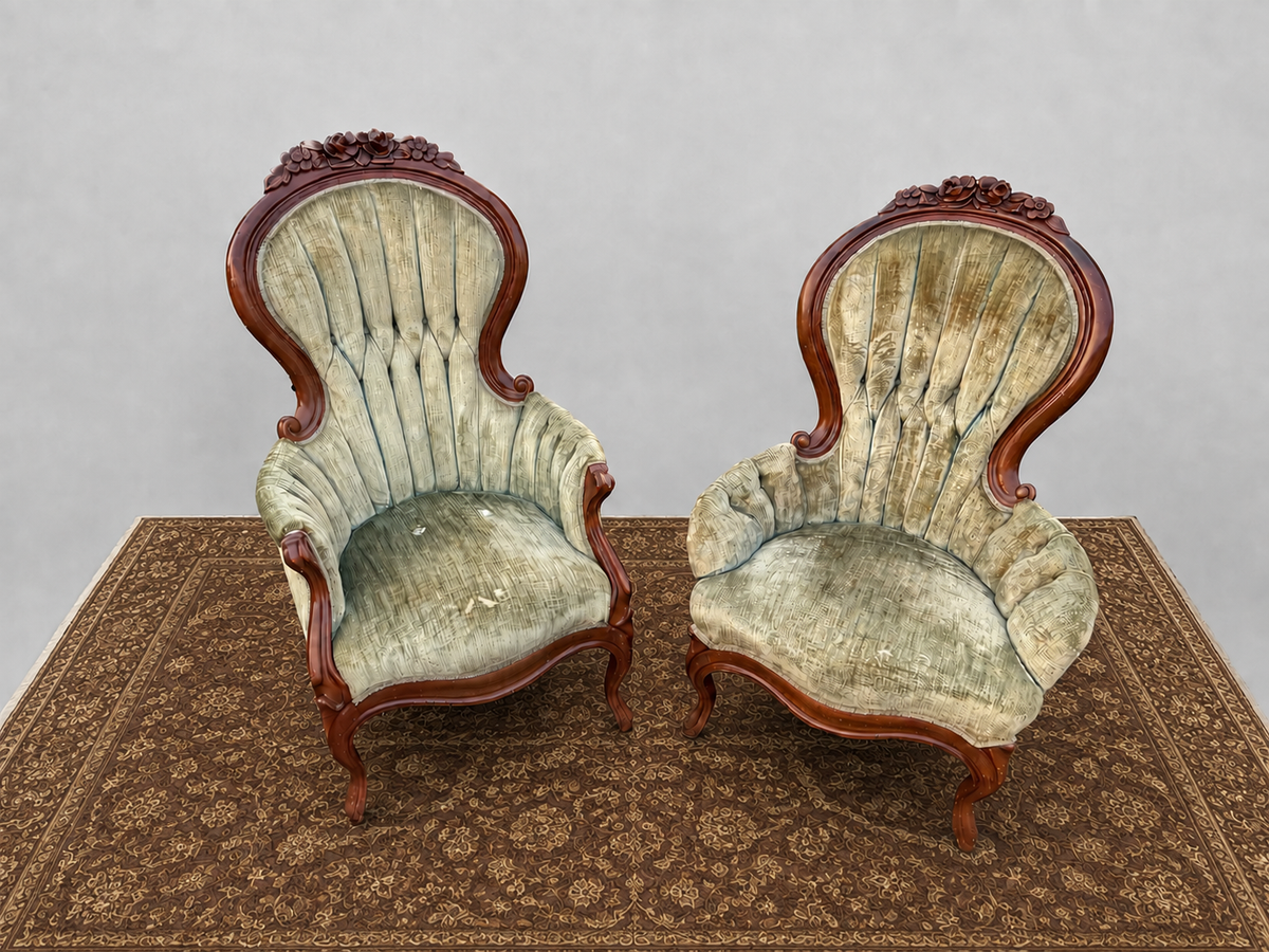 His and Hers Victorian Carved Floral Parlor Chairs