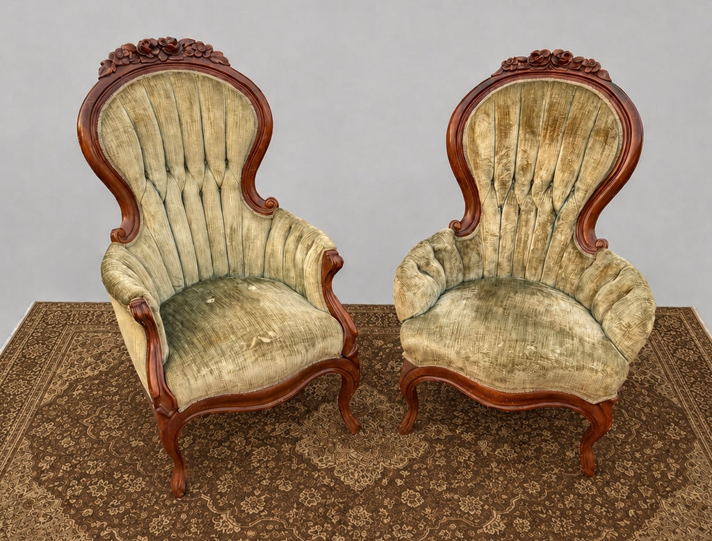 His and Hers Victorian Carved Floral Parlor Chairs