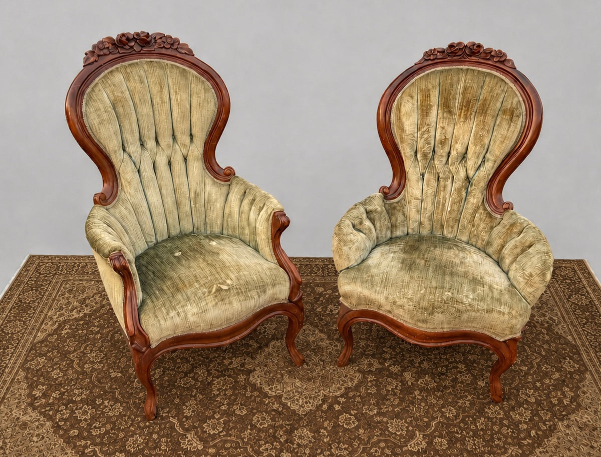 His and Hers Victorian Carved Floral Parlor Chairs