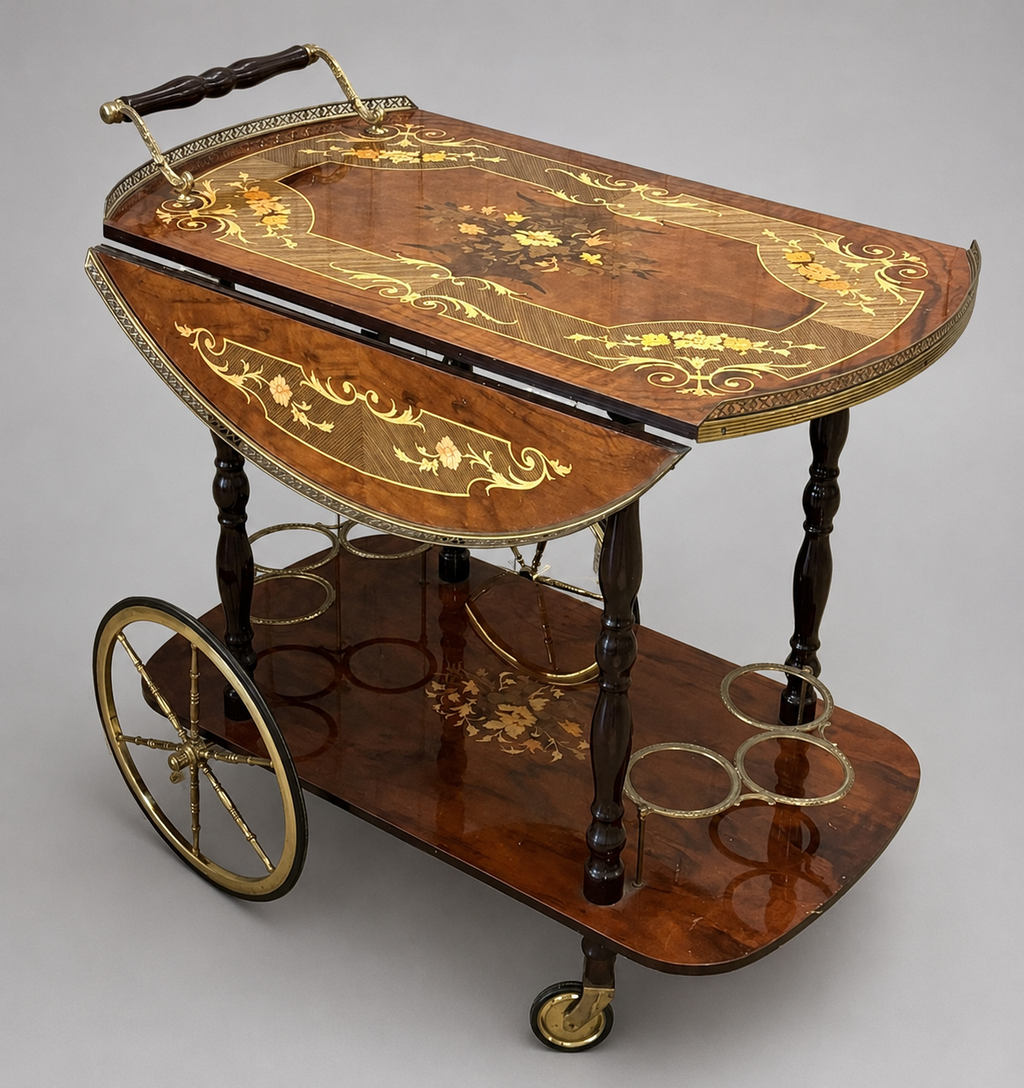 Italian Floral Marquetry Drop Leaf Bar Cart