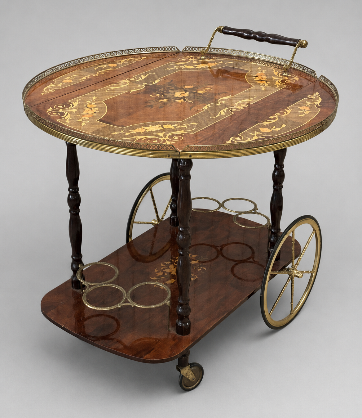 Italian Floral Marquetry Drop Leaf Bar Cart