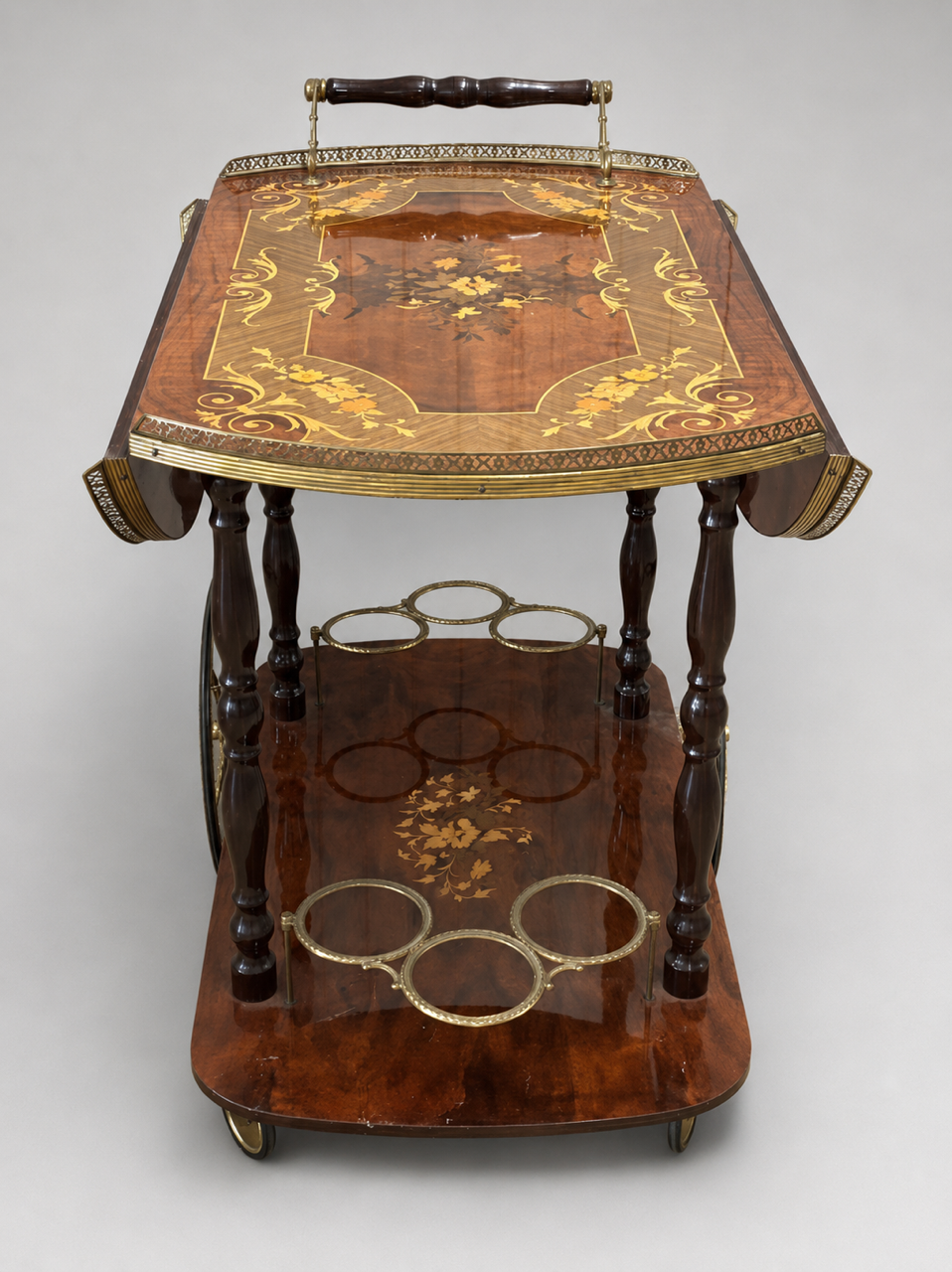 Italian Floral Marquetry Drop Leaf Bar Cart