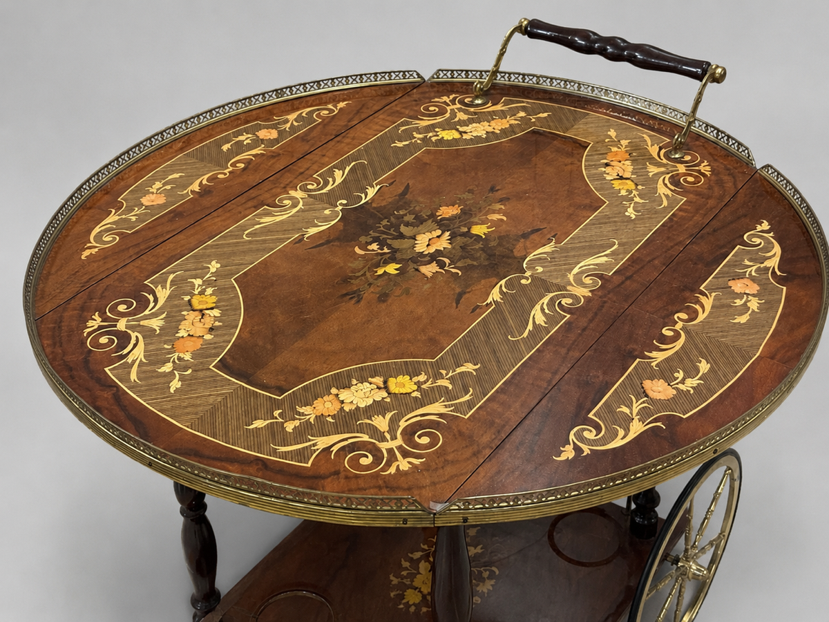 Italian Floral Marquetry Drop Leaf Bar Cart