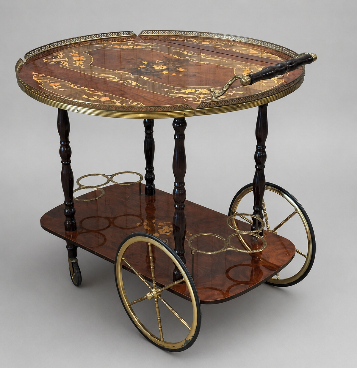 Italian Floral Marquetry Drop Leaf Bar Cart
