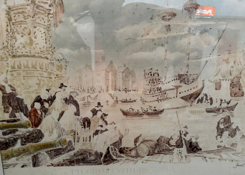 Coastal Landscape Art with Classical Ruins and Ships