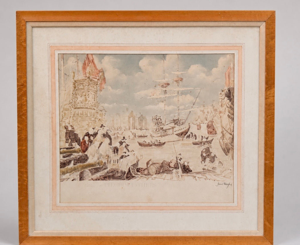Coastal Landscape Art with Classical Ruins and Ships